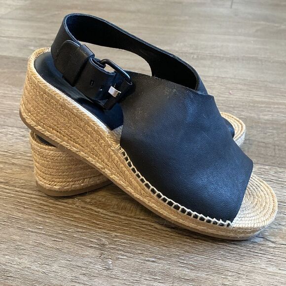 Rag & Bone Calla Black Leather Espadrille Wedge Sandal Size 38.5 - Picture 2 of 10